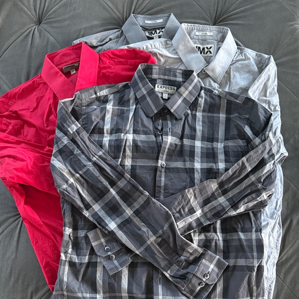 Express Men's Red, light gray, dark gray and Plaid Dress Shirts- lot